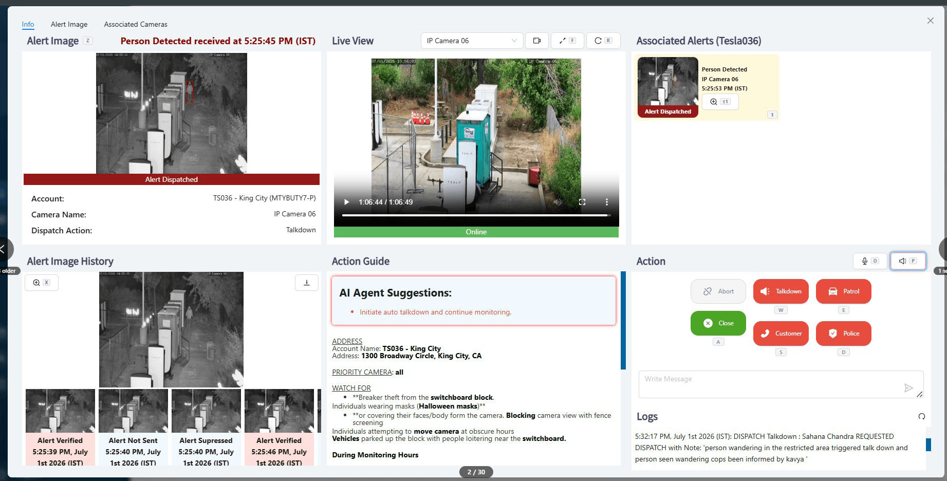 Command center alert view with AI agent suggestions, action guide and dispatch log
