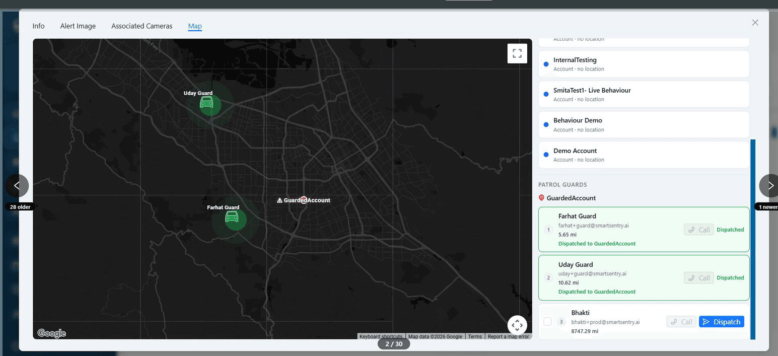 Guard dispatch map showing patrol guards and distance to the guarded account