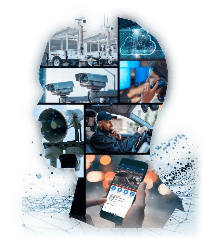 Collage of Sentry AI guarding infrastructure — solar camera trailers, PTZ cameras, talk-down speaker, monitoring operator, patrol officer and mobile app — composed inside a human head silhouette